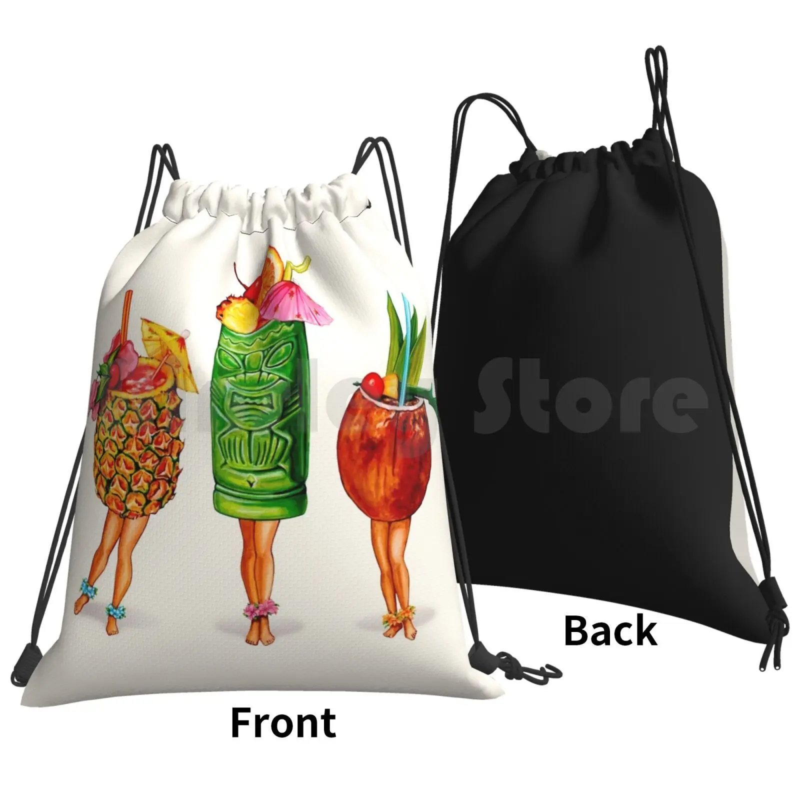 Tiki Cocktail Pin-Ups Backpack Drawstring Bags Gym Bag Waterproof Tiki Tropical Hawaii Cocktails Cocktail Vacation Retro