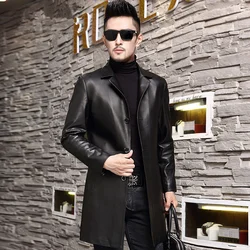 Autumn and Winter Mens Leather Windbreaker Jacket Men Sheepskin Long Leather Jackets Plus Size 6XL 7XL Genuine Leather Coat