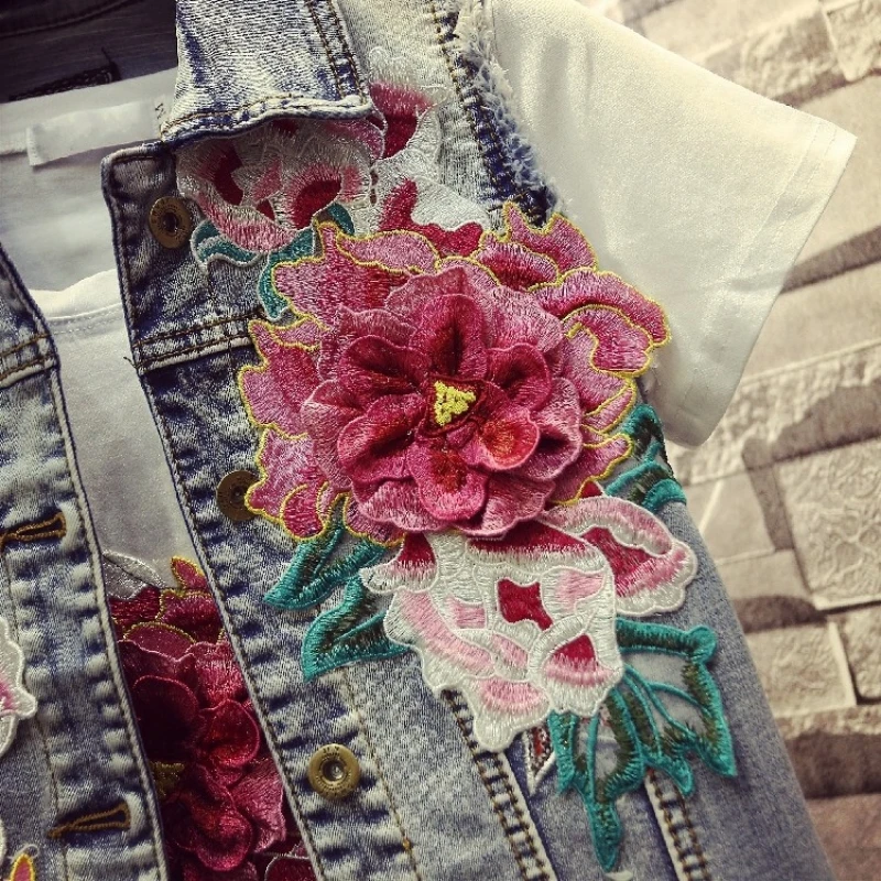 Spring Summer Embroidery Denim Vest Women Fashions Hole Ripped Flower Customize Streetwear Long Sleeve Jean Jacket