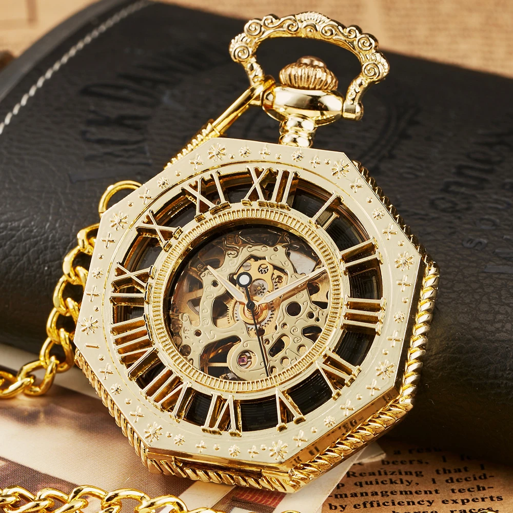 Hexagonal Mechanical Pocket Watch Golden Sliver Bronze Hollow Fob Chain with Box Men and Women Lady Watches Mens Vintage Gifts