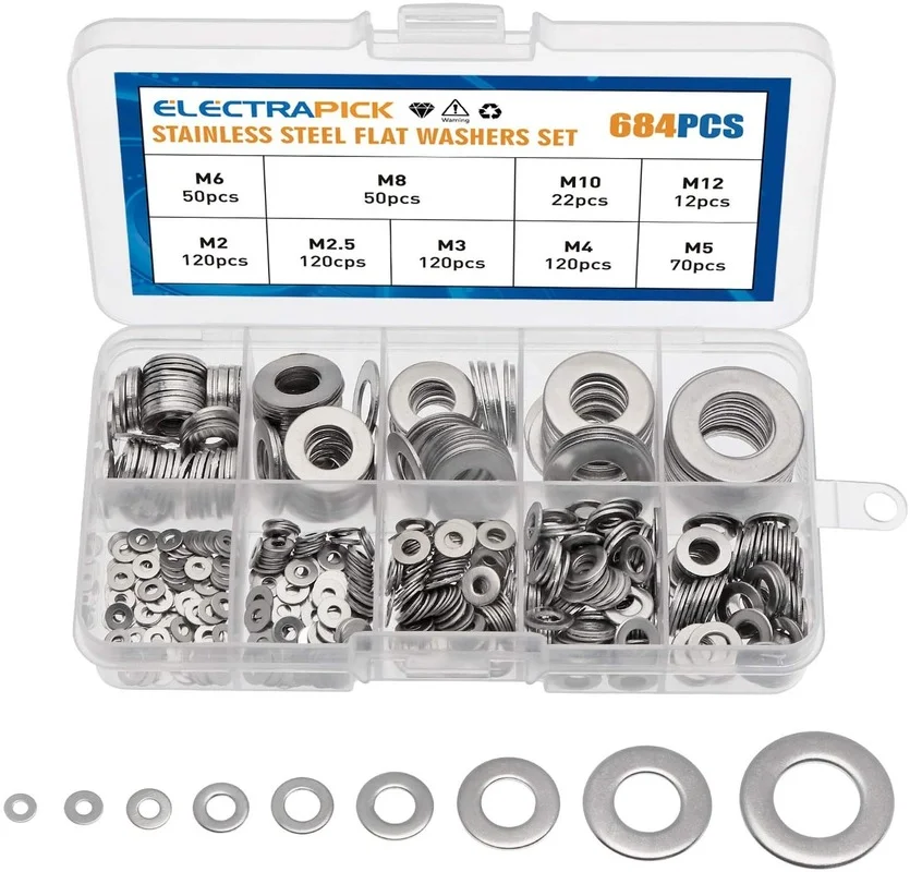 

684pcs Stainless Steel Flat Washer Plain Gaskets Assortment Kit Spacers Kit Screw Bolt Fastener Metalwork M2 - M10 Washers