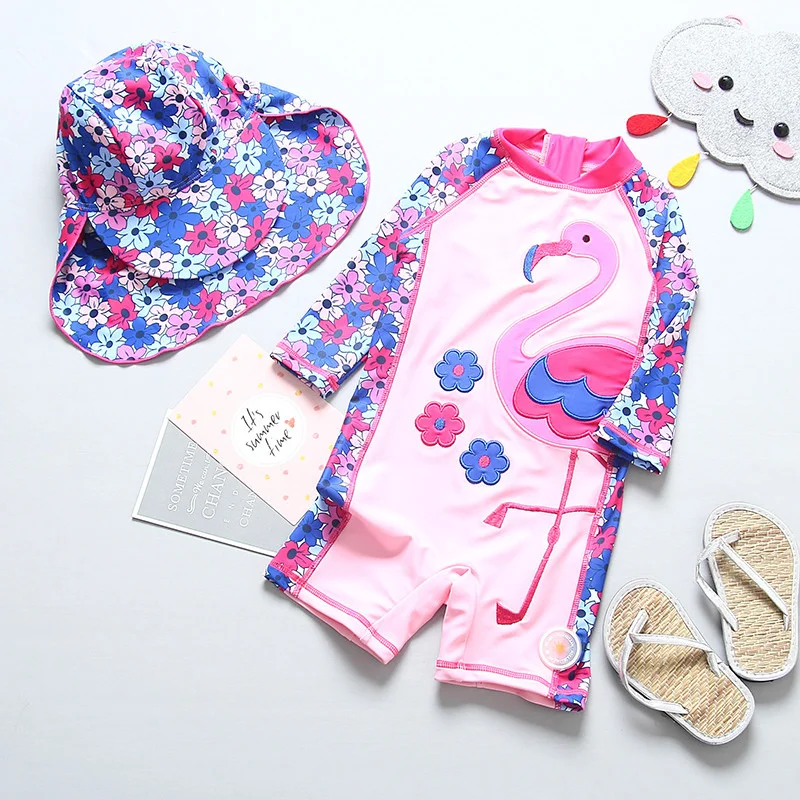 Children Girls Swimsuits Lovely Water Play Children Sunscreen Diving Beahwear One Piece with Cap Girl Sunscreen Clothes Swimwear