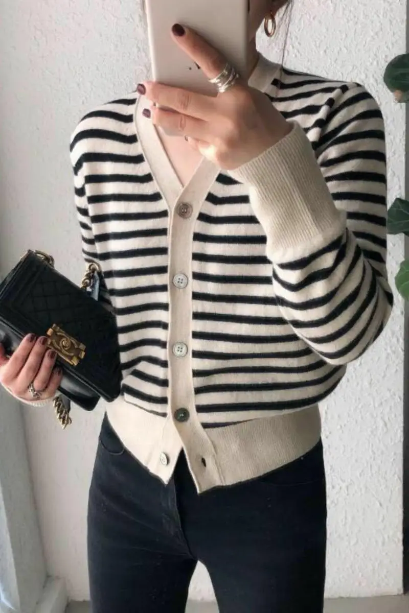 V-neck cashmere cardigan Women loose striped sweater ladies coat Women\'s sweater jacket cashmere cardigan  knitted Cardigan