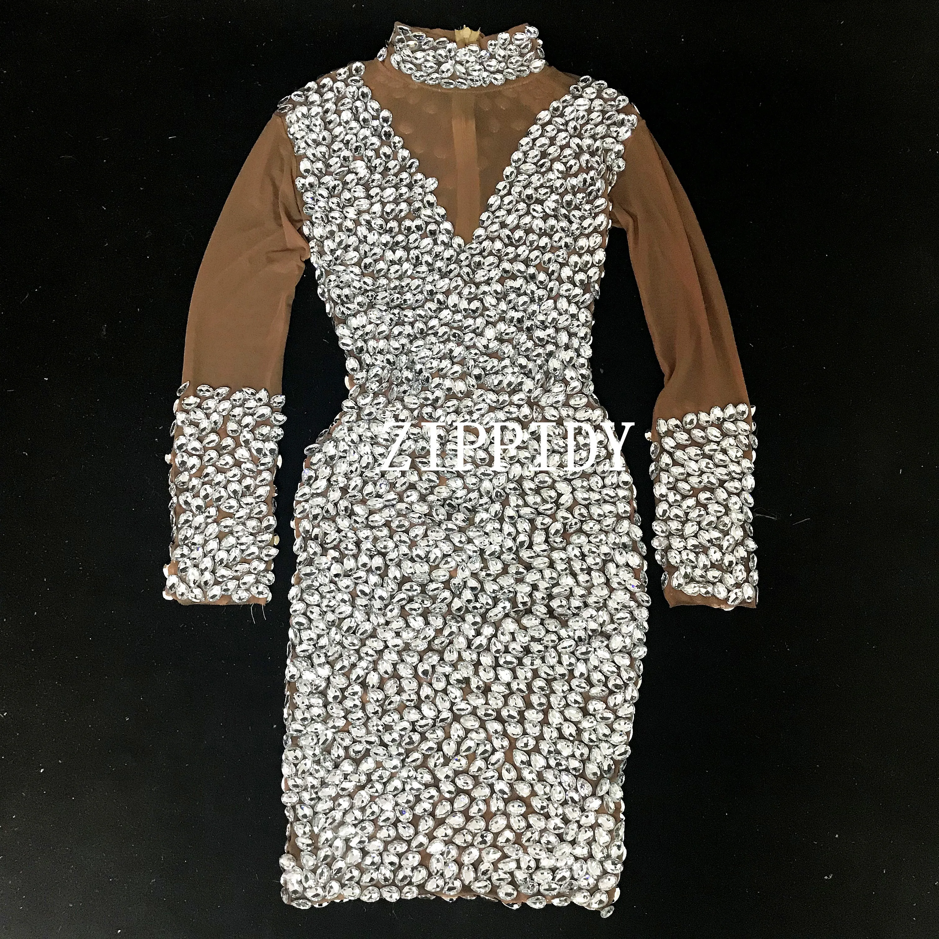 Shining Silver Rhinestones Turtleneck Dress Prom Evening Sexy Transparent Mesh Costume See Through Birthday Long Sleeves Dress