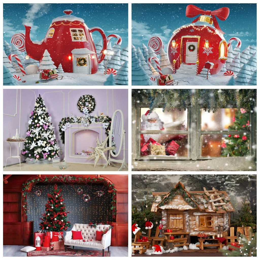 

Laeacco Cartoon Teapot House Christmas Tree Snowflake Gift Baby Birthday Photography Backdrop Photo Background For Photo Studio