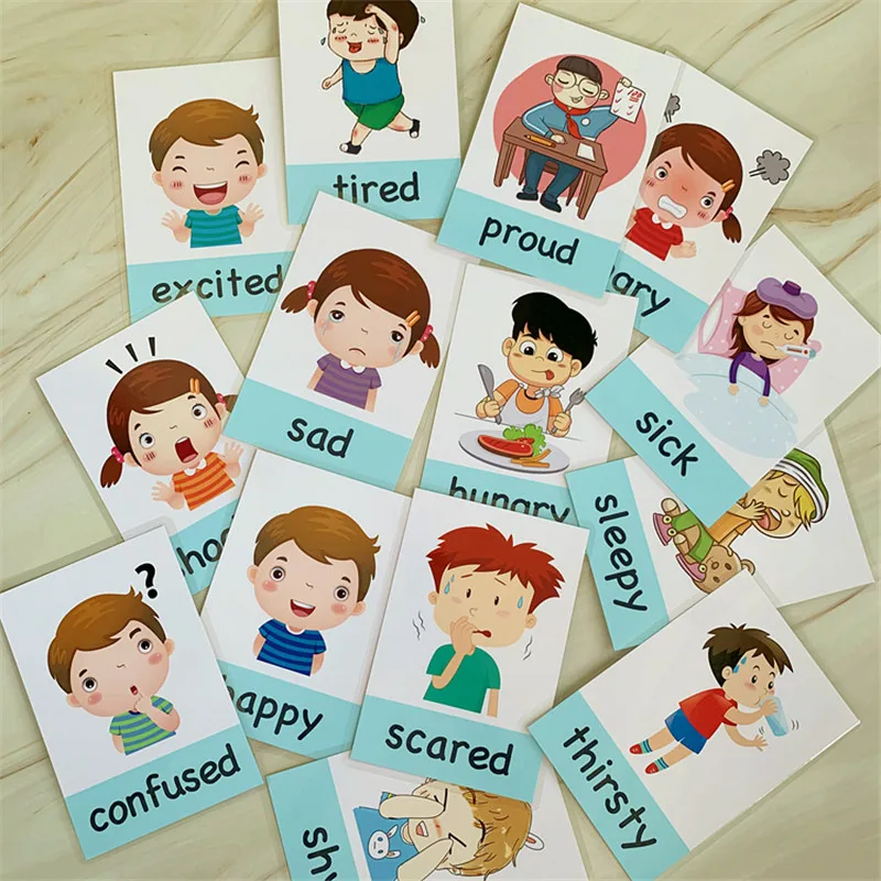 Tarjetas de aprendizaje de inglés Montessori para bebés, tarjetas Flash de emociones de dibujos animados para niños, juguete educativo para edades tempranas, juego de memoria para niños, 14 Uds.