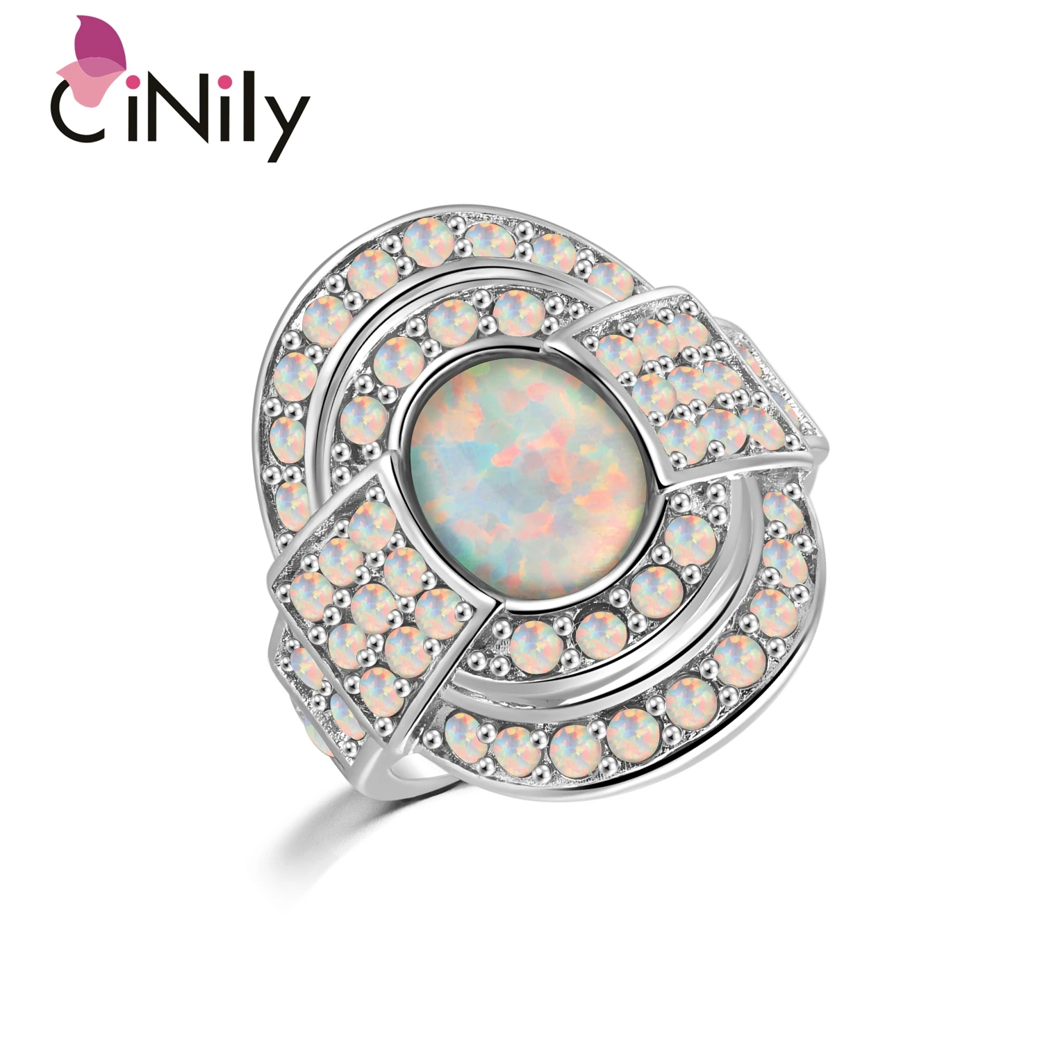 CiNily Blue & Pink & White Fire Opal Filled Finger Rings With Round Stone Silver Plated Luxury Large Cocktail Jewelry Gift Woman