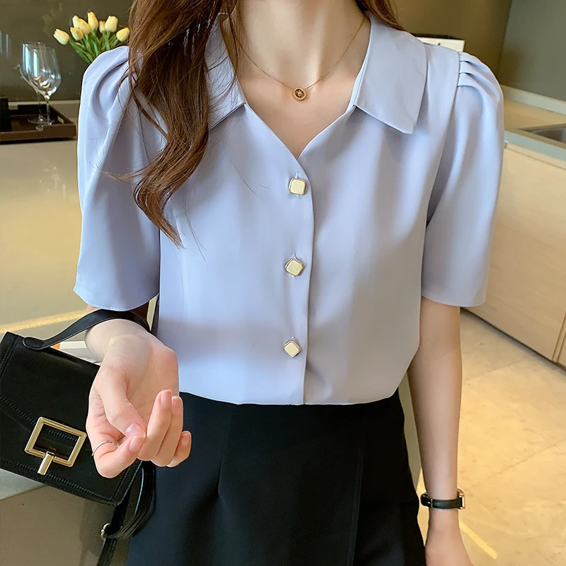 Casual Solid Female Shirts Tops 2021 Summer New Women Chiffon Short Sleeve Blouse Office Lady V-neck Button Loose Clothing S-XL