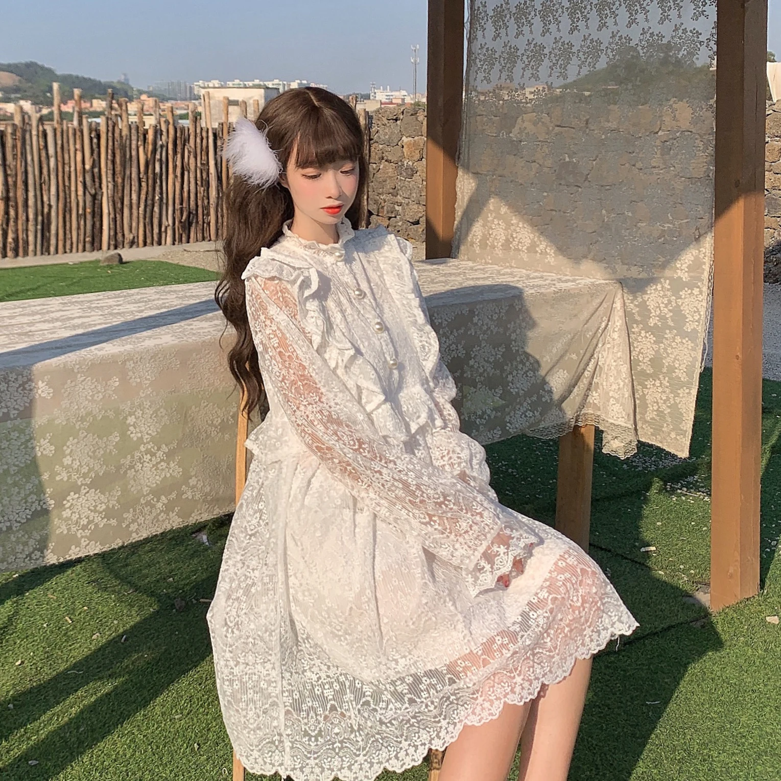 Primavera 2020 new sweet fairy hollow lace fungo manica lunga mezza lunghezza gothic lolita dress women kawaii clothing loli dress