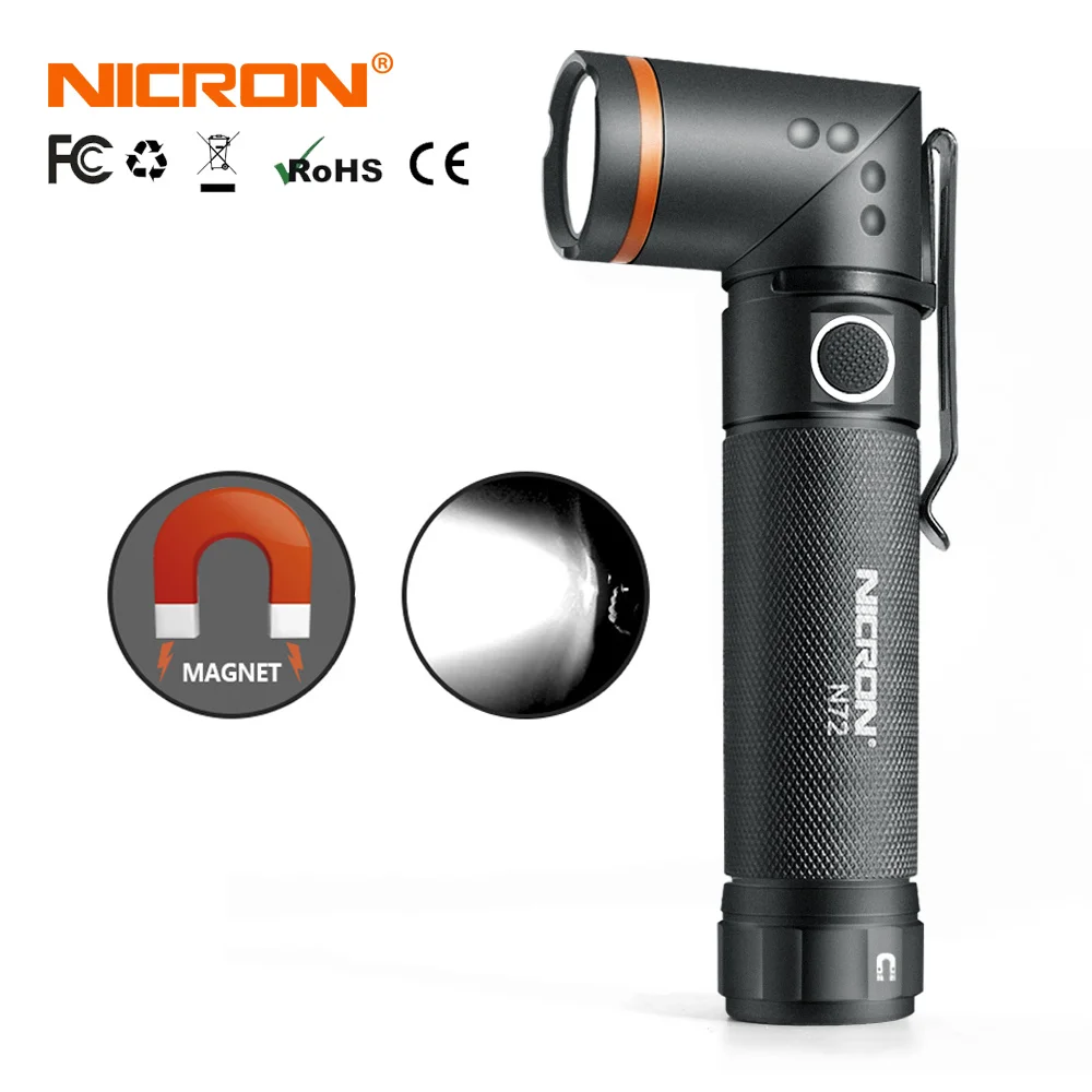 NICRON 90 Degrees Twist LED Flashlight Handfree Waterproof IPX4 800 Lumens White / UV Light Magnet LED Torch Light N72 / N72-UV