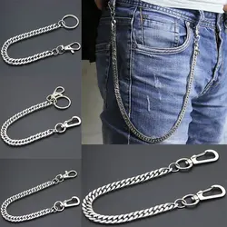 Long Metal Wallet Chain Leash Pant Jean Keychain Ring Clip Men's Hip Hop Flat Stainless Steel Necklace Jewelry