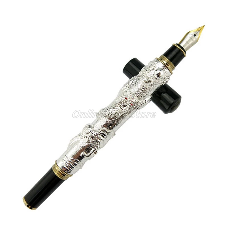 Jinhao Metal Brilliant Silver Oriental Dragon Carving Embossing Medium Nib Heavy Fountain Pen Office School Gift Pen