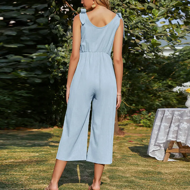 Mùa Hè Ngày Lễ Bãi Biển Khoác Jumpsuit Nữ Không Tay Cotton Lanh Ống Rộng Rompers Thanh Lịch Cột Nơ Vai Áo Liền Quần Đùi Nữ