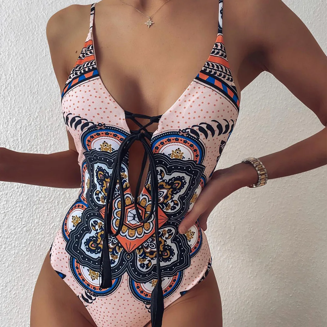 

Vintage Print One-piece Swimsuit Women Sexy Lace Up Monokini Swimwear 2021 New Brazil Push Up Bikini Girl Beach Bathing Suits