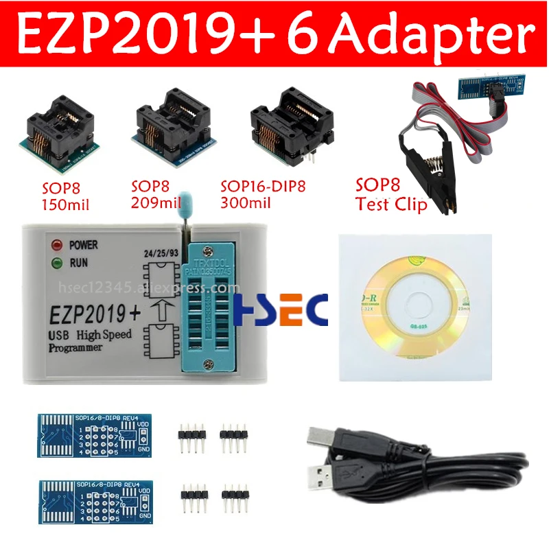 EZP2019 programmer+6 adapte soic8 sop8 ic test clip 150mil 200mil SOP16 adapters supp EZP2010 EZP2013 EZP2011 High-speed USB SPI