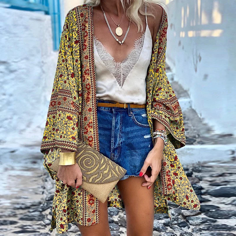 2021 Women Boho Print Floral Beachwear Kimono Cardigan Loose Long Sleeve Shawl Capes Blouse Bikini Cover Wrap Outdoor Thin Coat