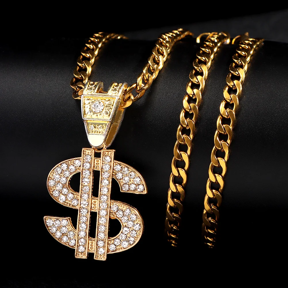 Bling Strass Dollar Anhänger Halskette Für Männer Silber Farbe Iced out 13mm Kubanischen Kette Choker Halsketten Hiphop Rap Rock schmuck – Detail 6