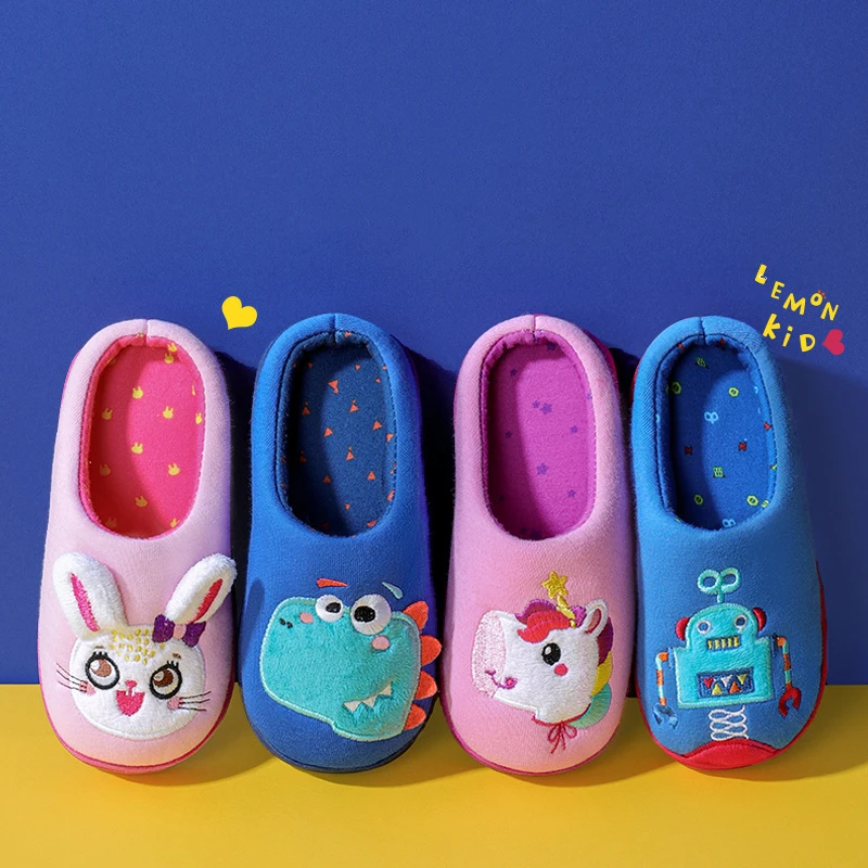 Children Cotton Slippers Boys Winter Indoor Cute Unicorn Dinosaur Home Shoes Kids Boys Antiskid Warm Slippers