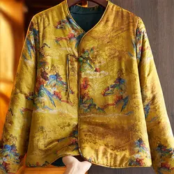 2021 Autumn Winter New Arts Style Women Long Sleeve Thicken Cotton Short Coat Vintage Print Single Button V-neck Jackets V777