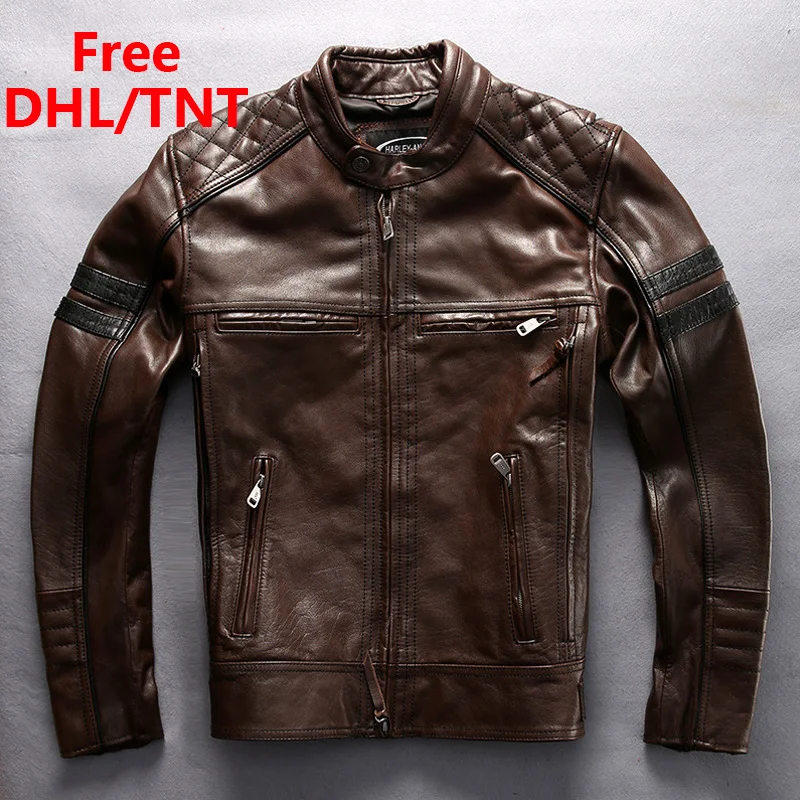 

Men's Brown Cow Jacket 100% Genuine Leather Coat Motorcycle Biker Jackets Male Fashion Moto Coats Fast Ship Free DHL/TNT