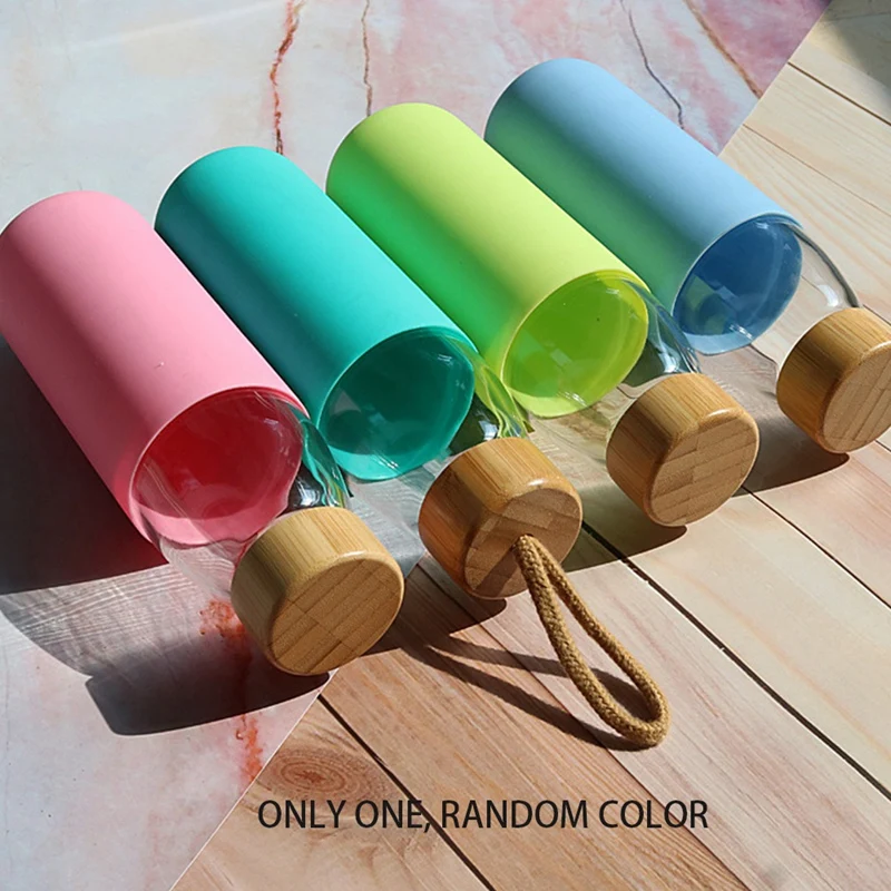 500 Ml Simple Design of Bamboo Cover Glass Water Bottle with Bamboo Lid and Silicone Protective Sleeve Bpa Free