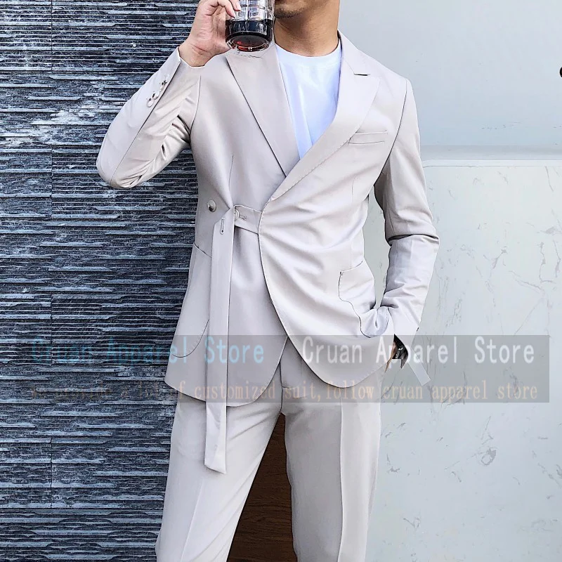 

Newest Beige Suit Male Set Slim fit Men's Sets Best Man Groom Wedding Dress Tuxedo Fashion Prom Jacket With Belt Pants 2 Pieces