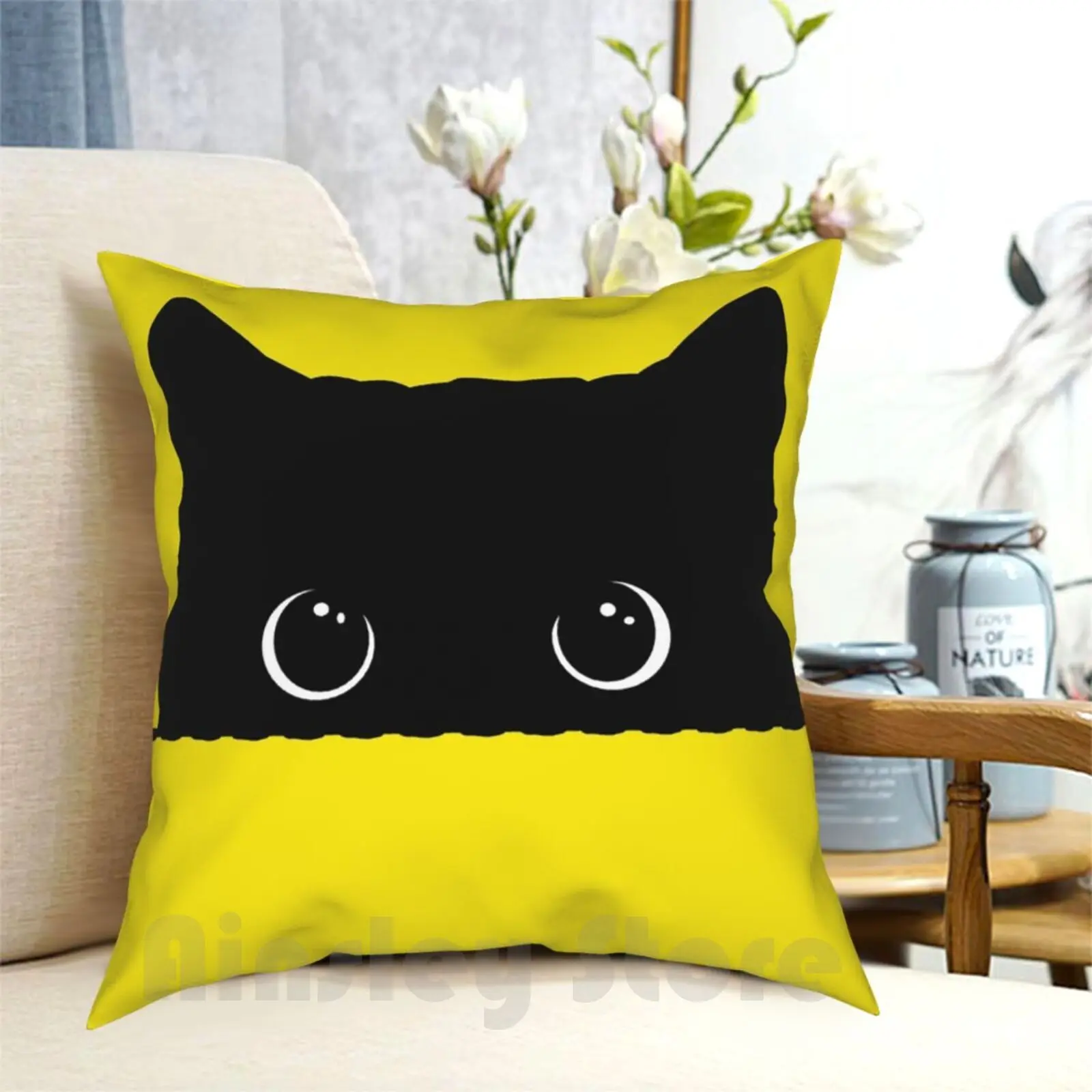 Black Cat Peeking Pillow Case Printed Home Soft DIY Pillow cover Black Cat Cat Cats Pet Peeking Eyes Big Eyes Pets Love