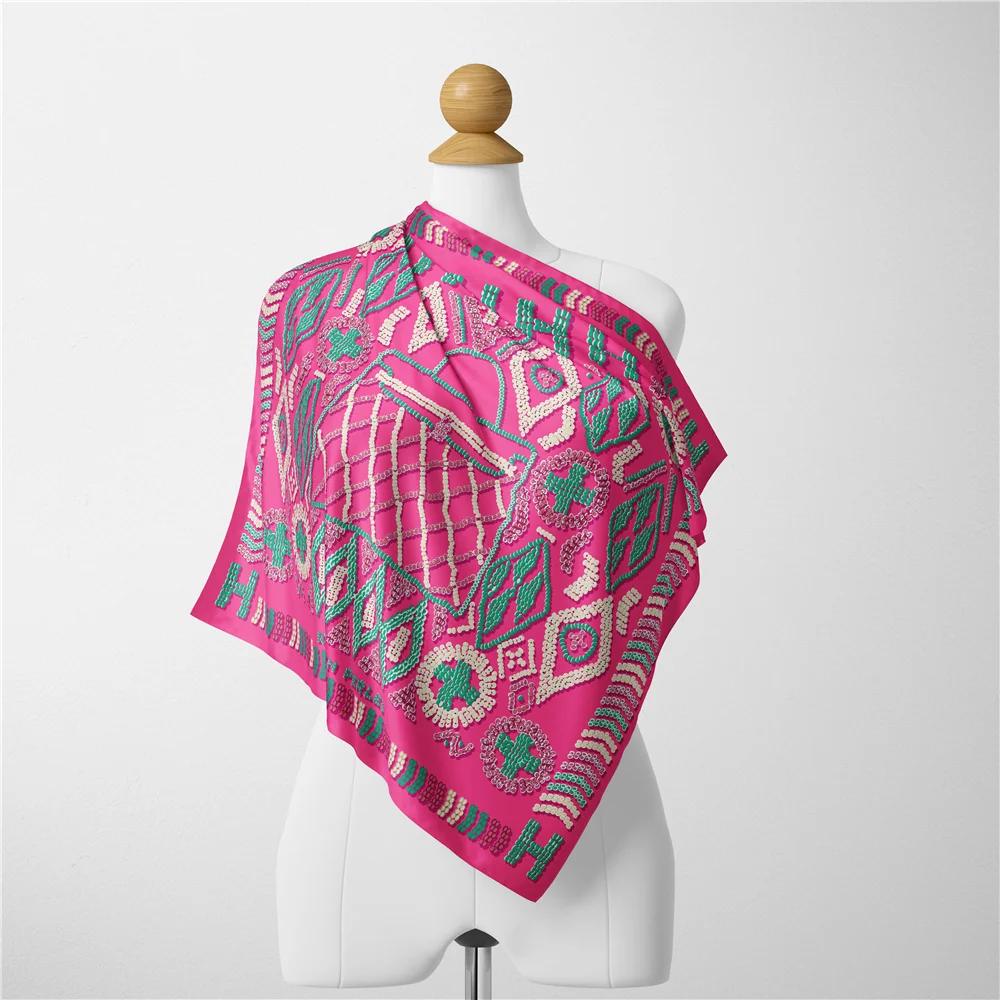 Twill Silk Scarf Woman Bag Geometric Print Square Scarves Wraps Bandana Small Hijab Foulards Lady Tie Headband Neckerchief 53CM