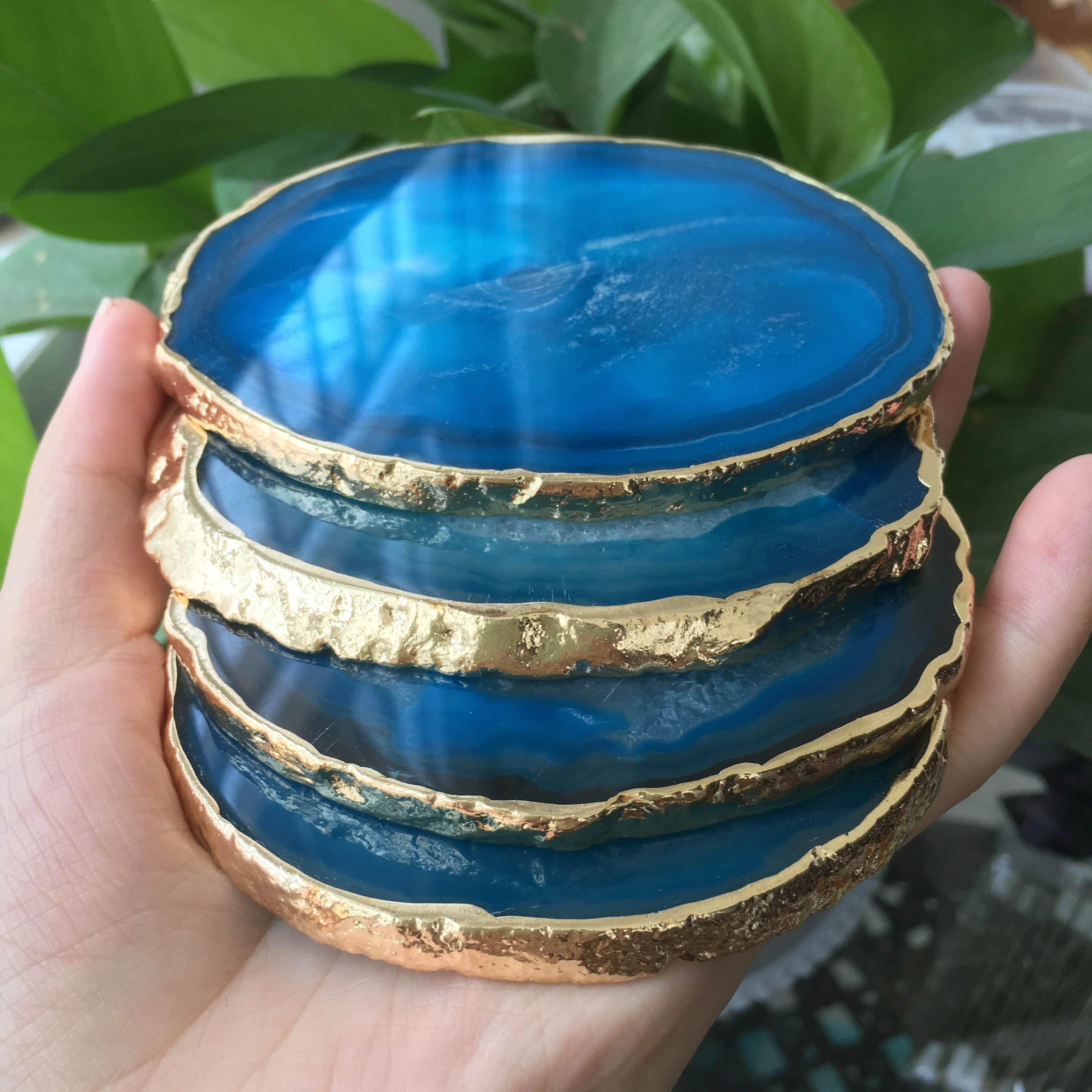 1pcs natural agate Geode piece insulated coasters crystal board jade agate coasters with gold-plated lace mineral trim