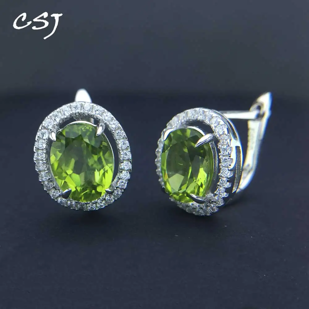 

CSJ Noble Natural Peridot Earring Sterling 925 Silver oval 7*9mm Gemstone Fine Jewelry for Women Lady Party Gift