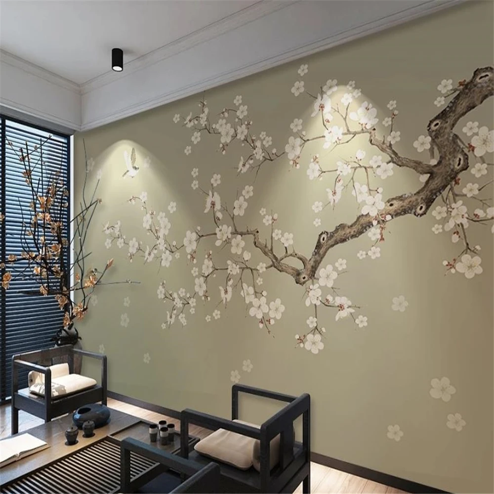 customized wallpaper for walls hand-painted plum blossom pen flower and bird wallpapers background wall decoration painting