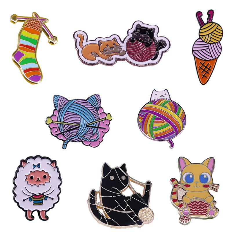 cute Knitting enamel pin collection ,Sheep Cat Knitters Rainbow Socks Ice Cream yarn ball Badge knitter Brooch