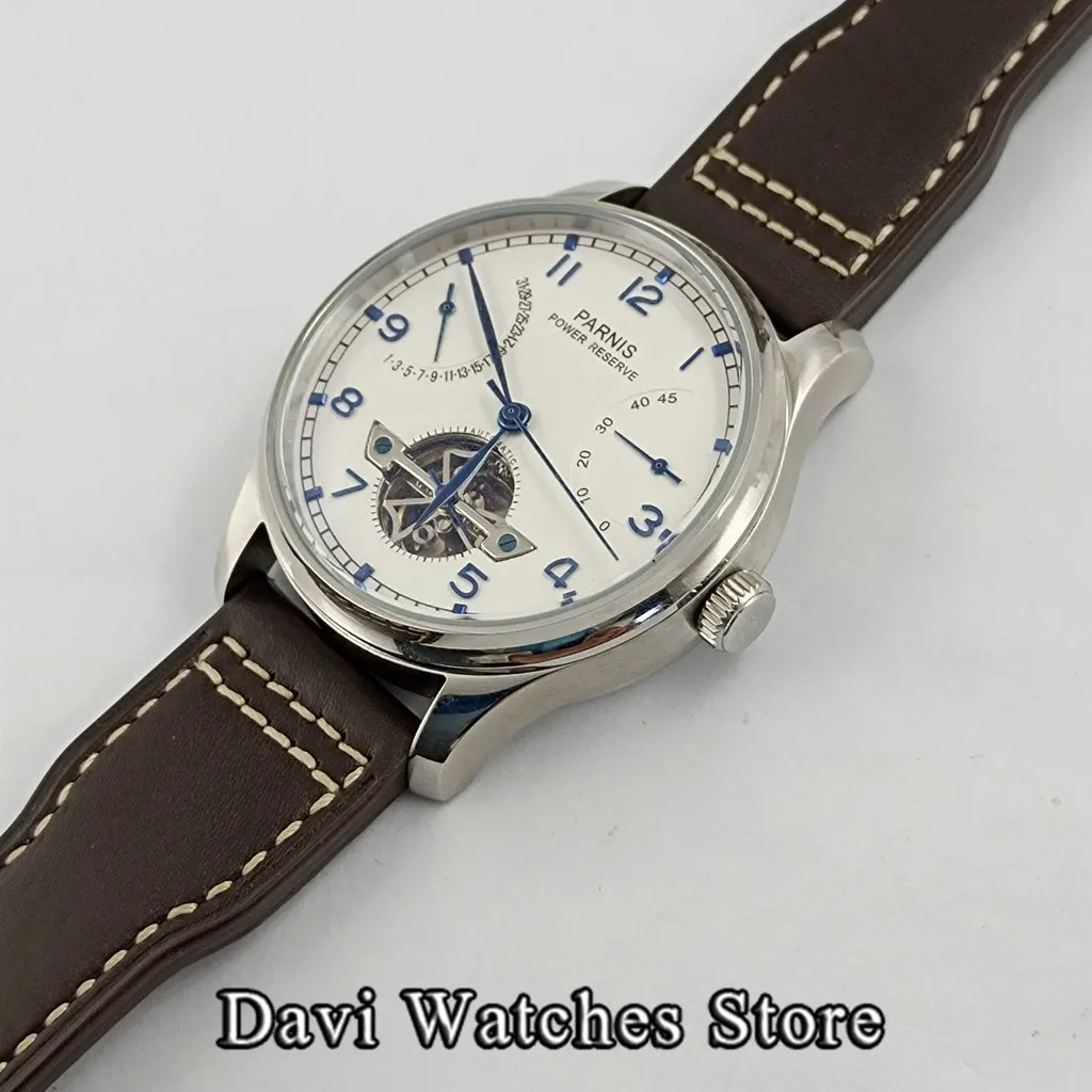 Parnis 43mm Luxury Power Reserve Automatic Men\'s Watch Leather Strap White Dial Mechanical Seagull Movement Relogio Masculino