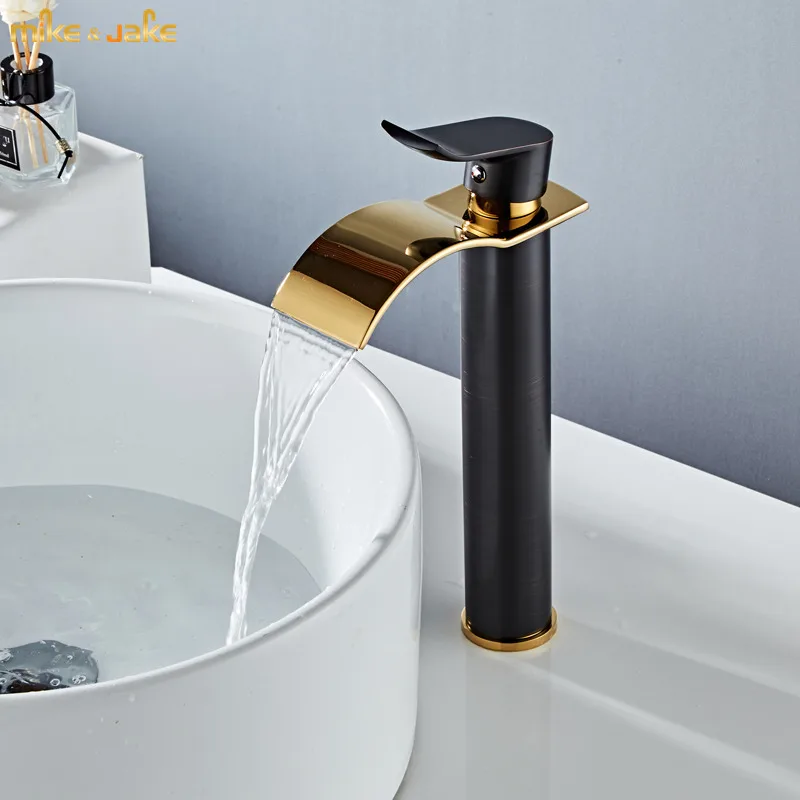 

Black gold bathroom basin brass faucet hot and cold stand tap basin sink tall deck mount black tap bathroom gold waterfall mixer