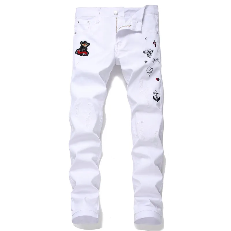 Bullet-free Hole White Sticker Embroidered Bee Nightclub Small Straight Fashionable Men's Casual Pants Pantalon Homme Jean