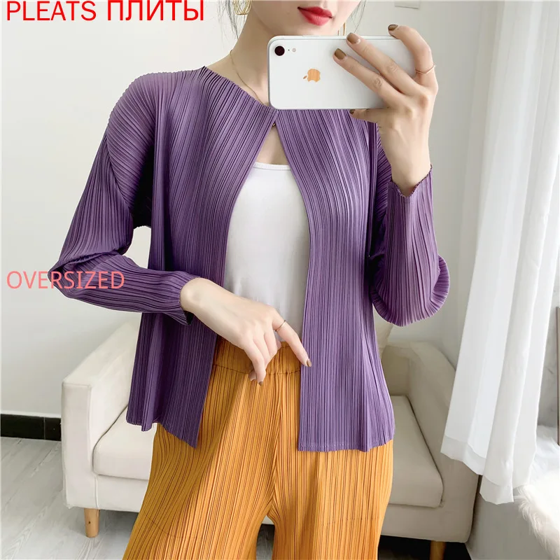 Miyake Pleated Cardigan for Women, Small Jacket, Long Sleeve, Air Conditioning Shirt, Ladies Fashion, Spring