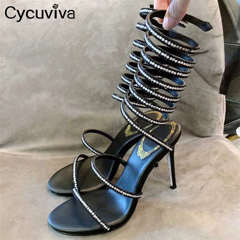 

Summer Slim Mid-calf Thin High Heel Sandals Woman Luxury Rhinestones Ankle Winding Sexy Wedding Shoes Dress Party Shoes feminine