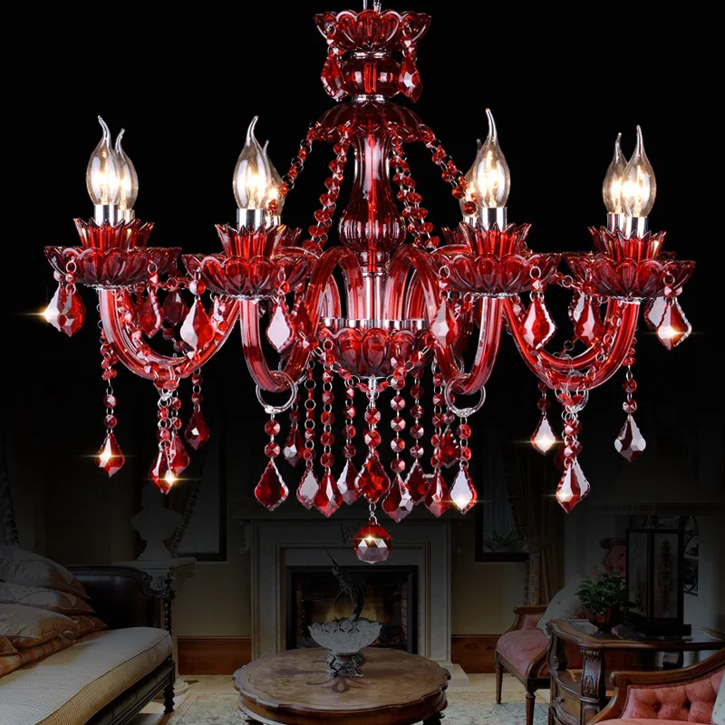 Red Color Crystal Chandelier Retro Luxury Wedding Room Living Room Bedroom Pendant Light Hotel Lobby E14 Candle Suspension Lamp