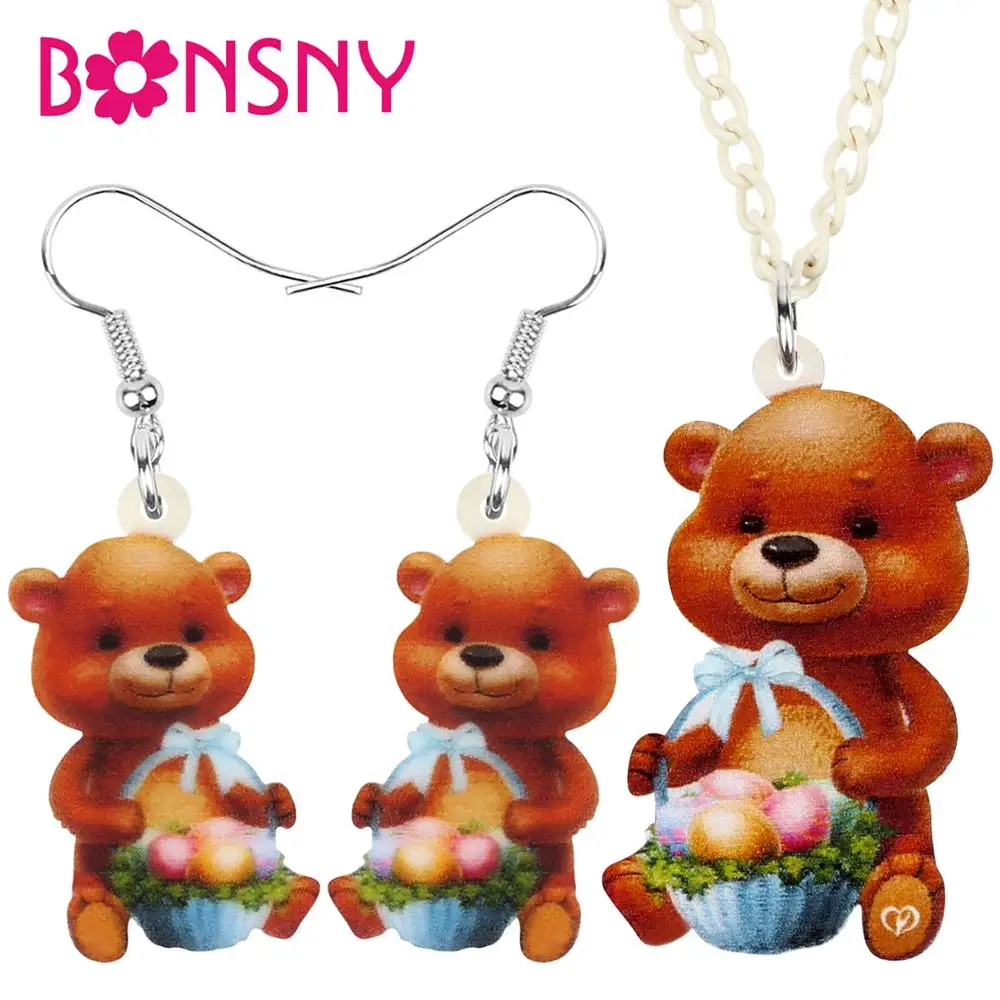 Bonsny Acrylic Cartoon Plush Bear Doll Basket Jewelry Sets Sweet Animal Toy Necklace Earrings For Women Teens Gifts Decorations