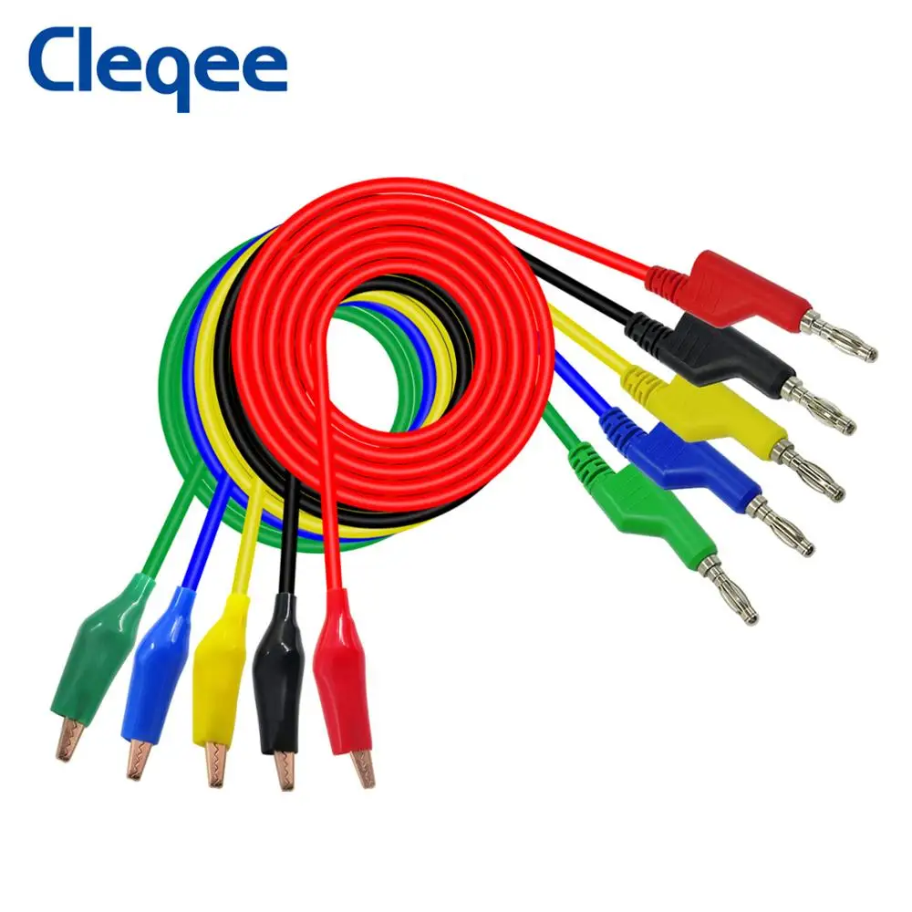 Cleqee P1044 5PCS 4mm Stackable Banana Plug To Copper Alligator Clip Test Lead kit Durable Test Cable for Multimeter 1M