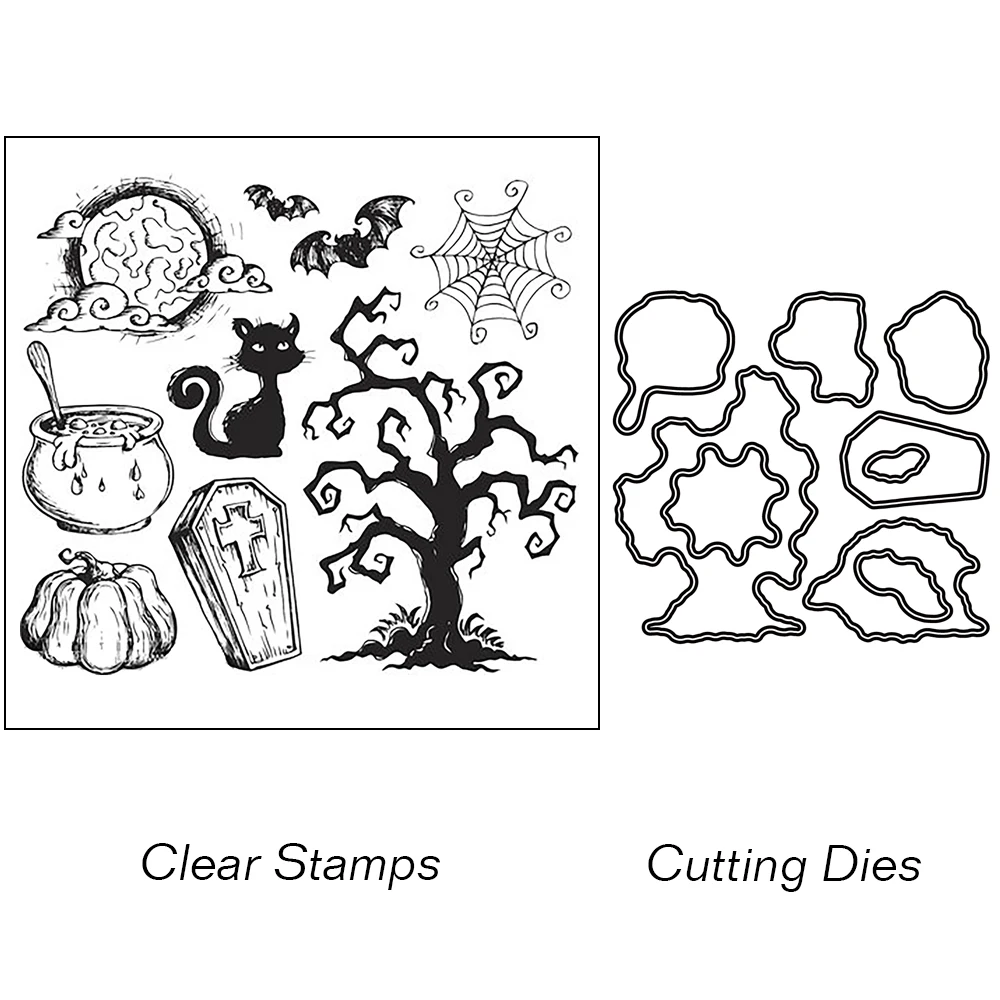 AZSG Halloween Pumpkin Cat Tree Cutting Dies Clear Stamps For DIY Scrapbooking/Card Making Decorative Silicone Stamp Crafts