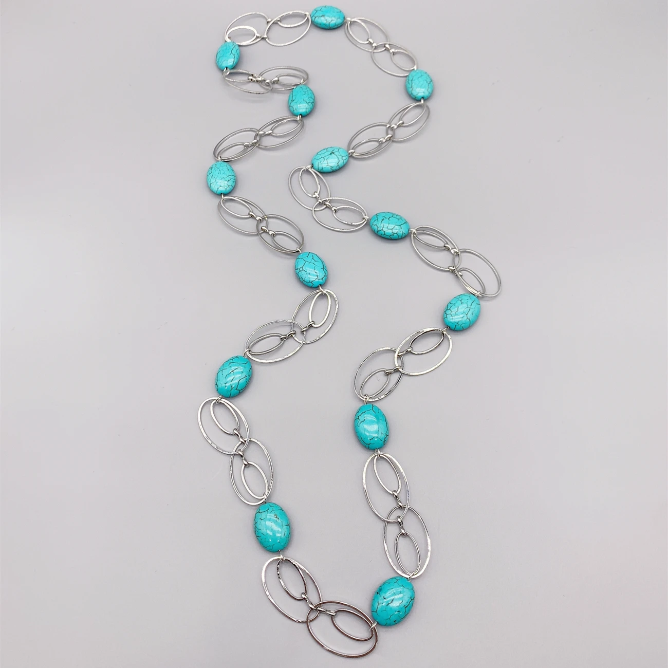 FoLisaUnique Stylish Long Silver Link Chains Oval Turquoise Necklace For Women Trendy Jewelry