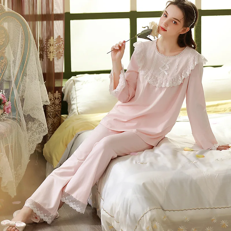 Sweet Pajama Sets Women Spring Autumn Long Sleeve Vintage Lace Sleep Tops Bottoms Pants Princess Sleepwear Pajamas Home Clothes