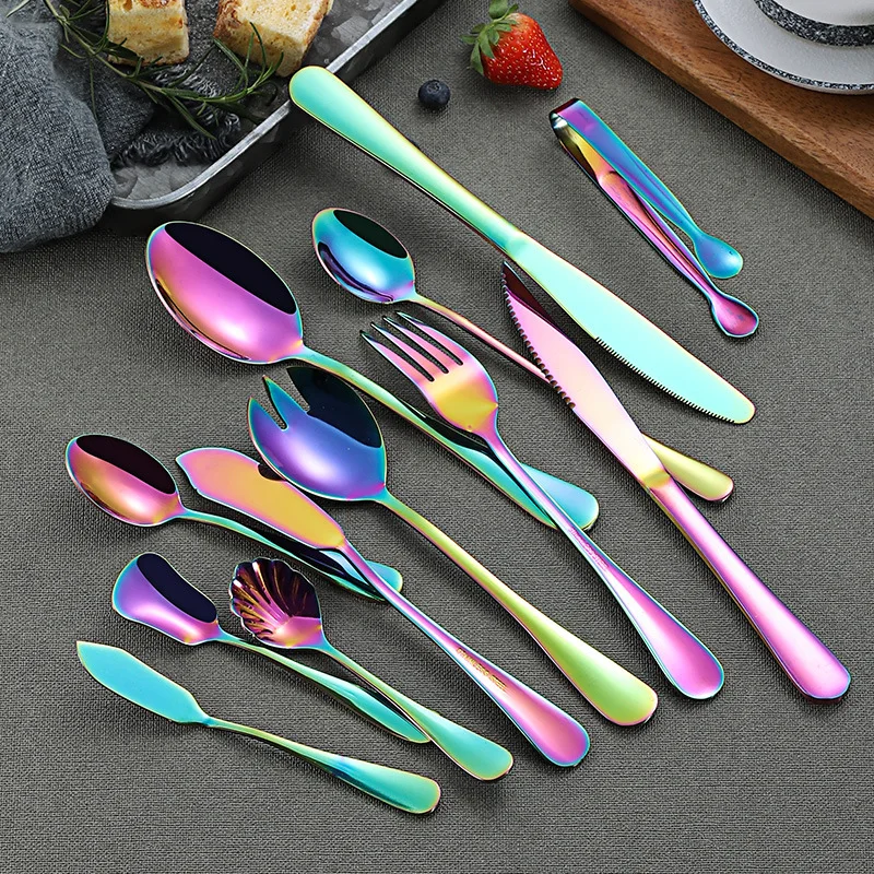 Rainbow Wedding Travel Cutlery Set Stainless Steel Dinner Knife Fork Scoops Silver Tableware dishes sets dinnerware cutlery