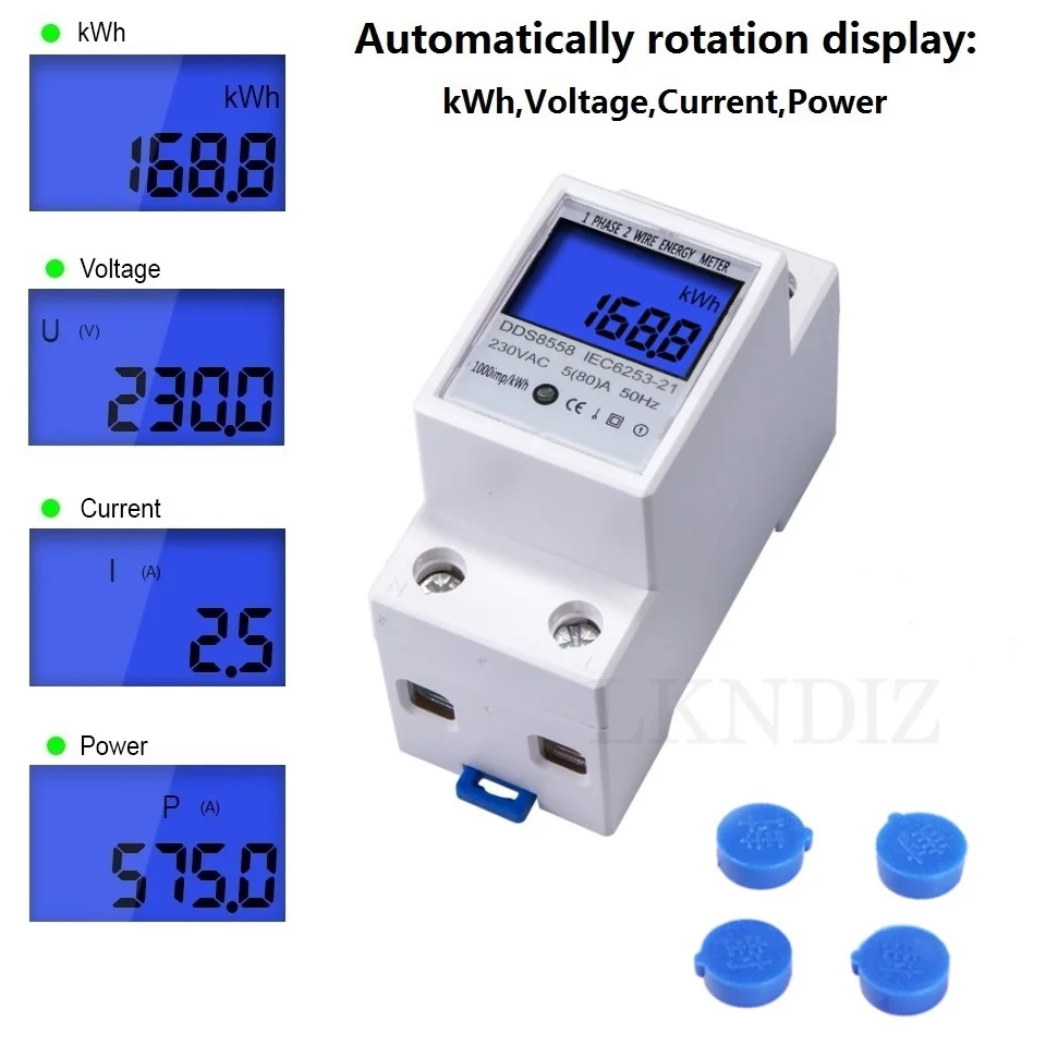 230V 5(80)A Single Phase Digital Wattmeter LCD Backlight Multimeter Voltage Current Power Meter kWh Energy Meter DIN Rail Mount