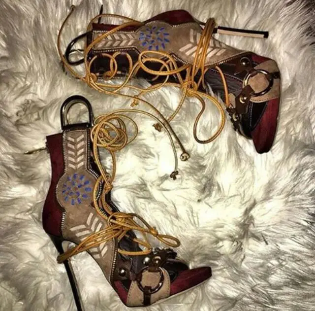 Sexy Ring Buckle With Fur Multi-colors Lace Up Sandals Open Toe High Heels Side Rivets Studs Patchwork Cut-outs Sandal Booties