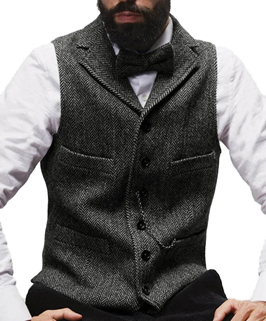 

New Vintage Men‘s Suit Vest Brown Lapel V-Neck Herringbone Wool Casual Formal Business Waistcoat Jacket Groomman For Wedding