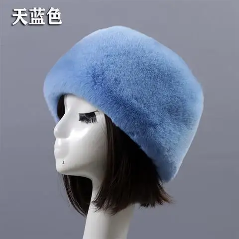 

Blue Flat Roof Fluffy Snow New Year RU Winter Plush Thick Fur Hat Faux Fox Furry Cap Head Warmer Outdoor Hats Women Girl Men