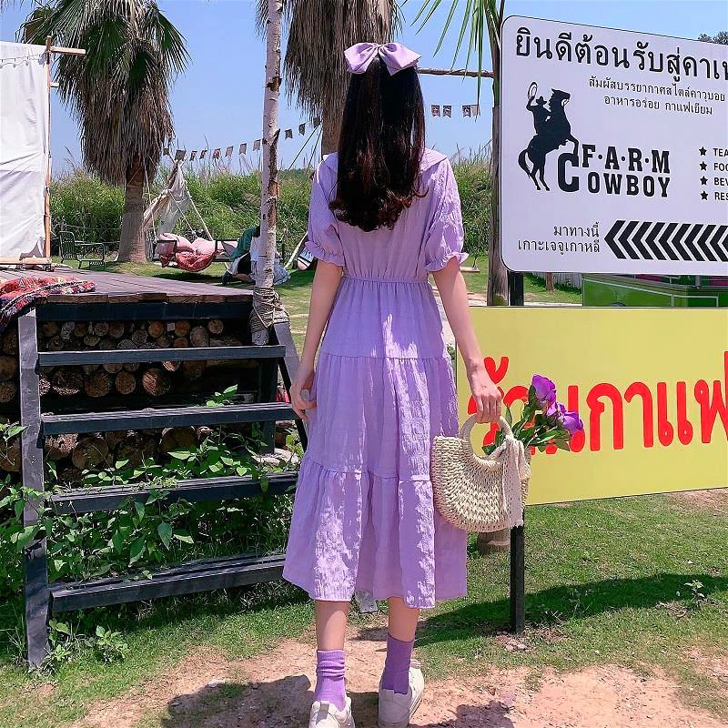 Short Puff Sleeve Dress Women Peter Pan Collar Calf-length Elegant Solid Pleated Korean Sweet Girls Female Stylish Purple Chic