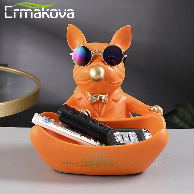 ERMAKOVA Resin French Bulldog Statue  Animal Sculpture Figurine Key Candy Container Decoration Home Table Decoration Accessories